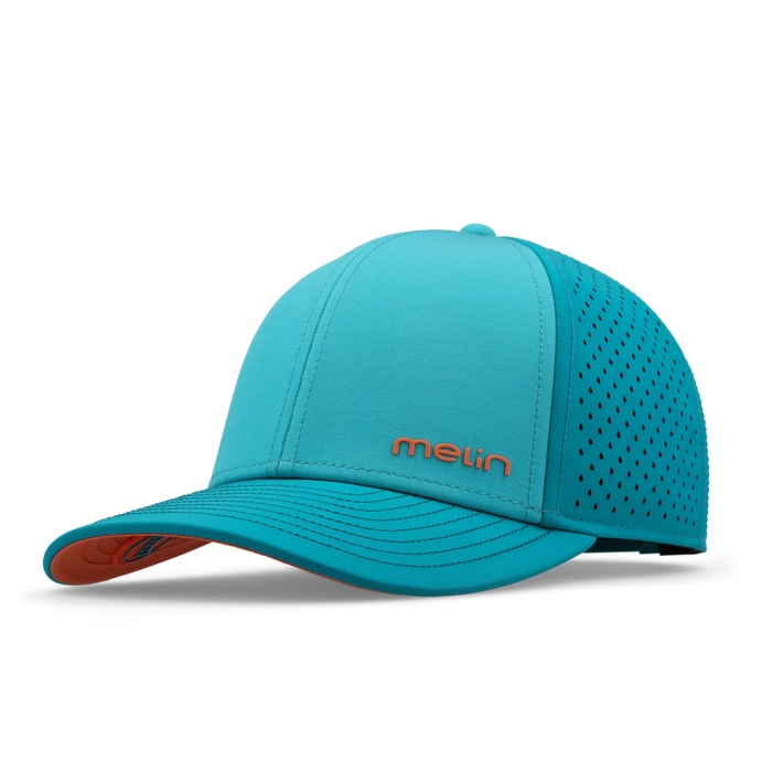 Turquoise baseball cap with perforated side panels, red interior lining, and "merin" logo on the front.