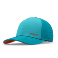 Turquoise baseball cap with perforated side panels, red interior lining, and "merin" logo on the front.