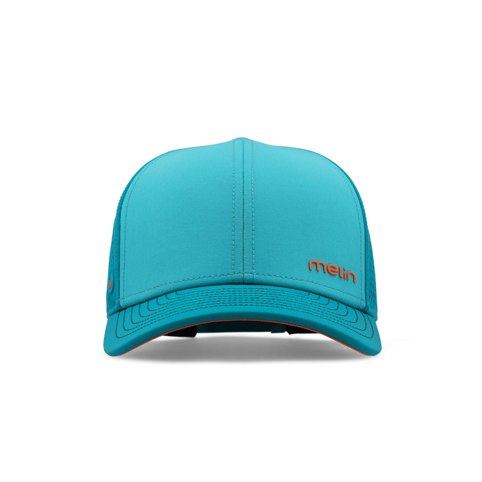 Turquoise baseball cap with red "mein" logo on side and curved bill.