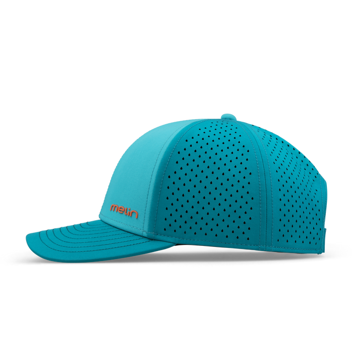 Turquoise baseball cap with perforated mesh panels and orange "mawn" branding on the side.