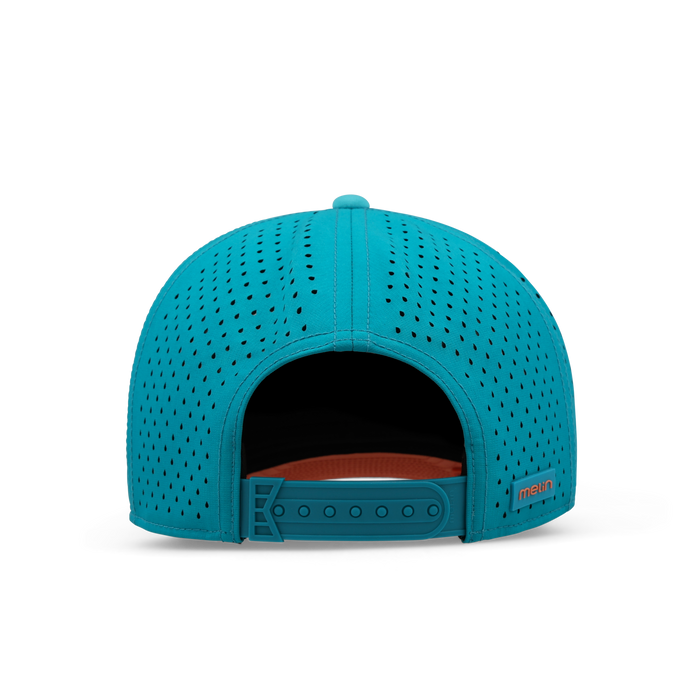 Turquoise perforated baseball cap with snap closure and rust-colored interior lining, shown from rear view.