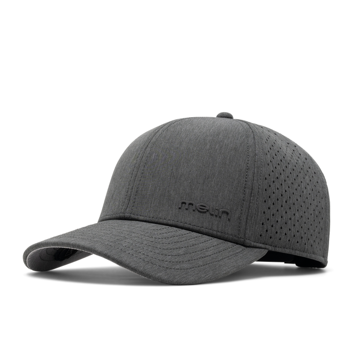 The front, angled view of the melin Compass Hydro  Vintage Fit in  Heather Charcoal
