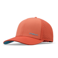 Hot coral baseball cap with perforated back panel, teal undervisor, and "melin" logo on front.