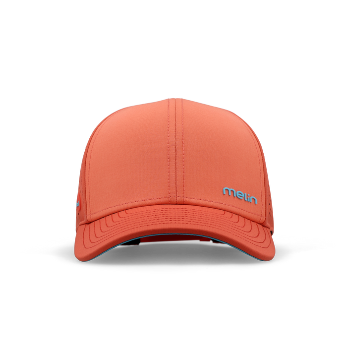 Hot coral baseball cap with blue "mein" logo on the side.
