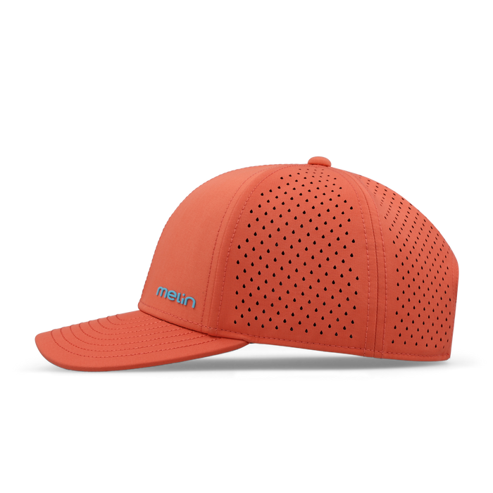Hot coral baseball cap with perforated panels and small blue logo on front.