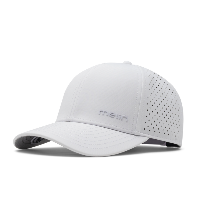The front, angled view of the melin Compass Hydro  Vintage Fit in  White