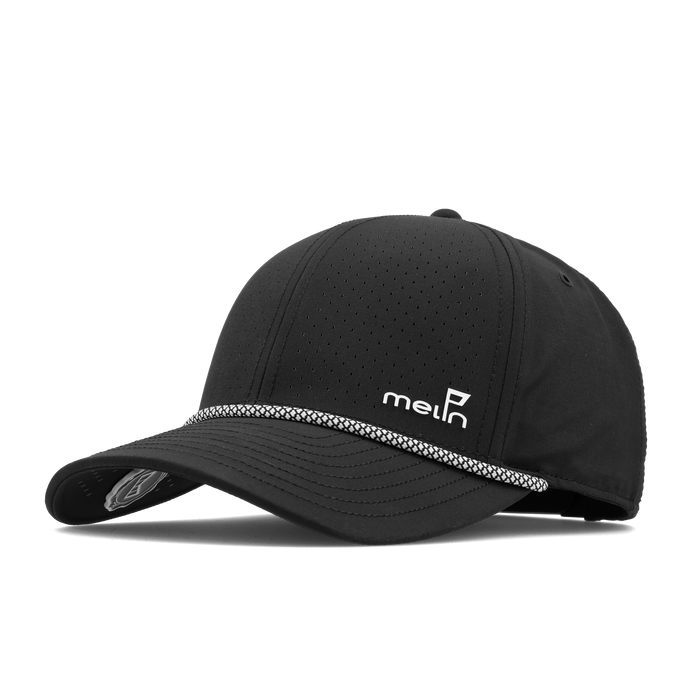 The angled view of the melin Vintage Fit Compass Links Hydro hat in black