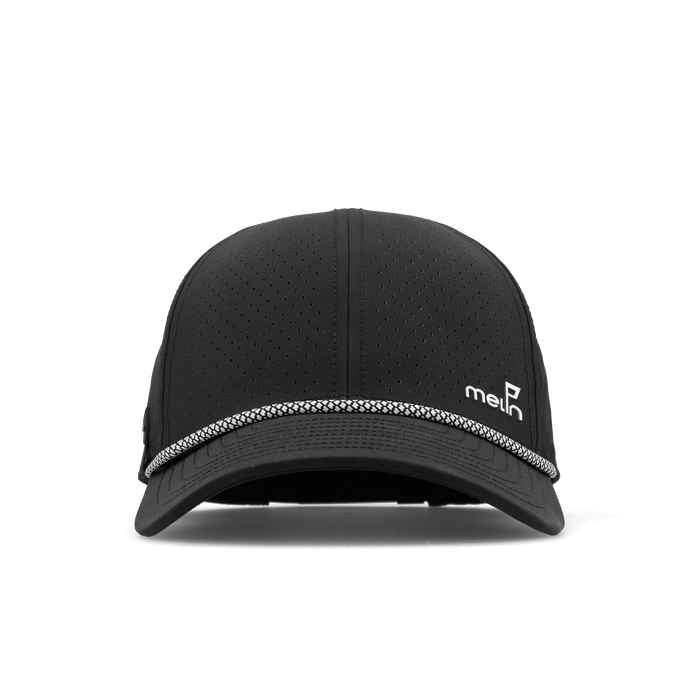 The frontal view of the melin Vintage Fit Compass Links Hydro hat in black