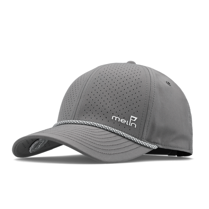 The angled view of the melin Vintage Fit Compass Links Hydro hat in grey