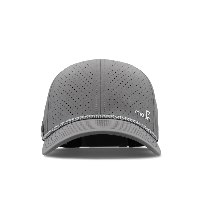 The frontal view of the melin Vintage Fit Compass Links Hydro hat in grey