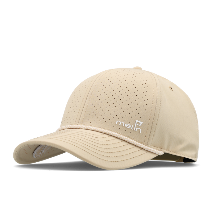 The angled view of the melin Vintage Fit Compass Links Hydro hat in khaki