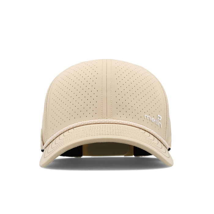 The frontal view of the melin Vintage Fit Compass Links Hydro hat in khaki