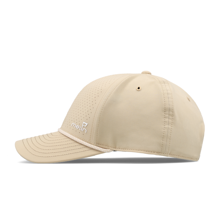 The side view of the melin Vintage Fit Compass Links Hydro hat in khaki