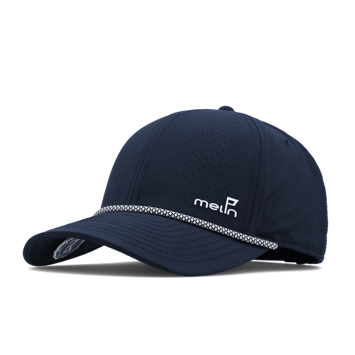 The angled view of the melin Vintage Fit Compass Links Hydro hat in navy