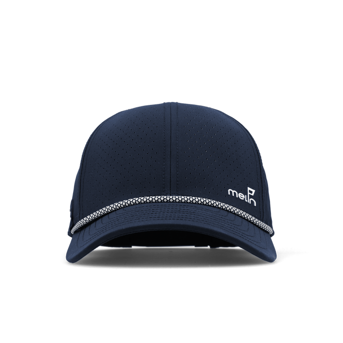 The frontal view of the melin Vintage Fit Compass Links Hydro hat in navy