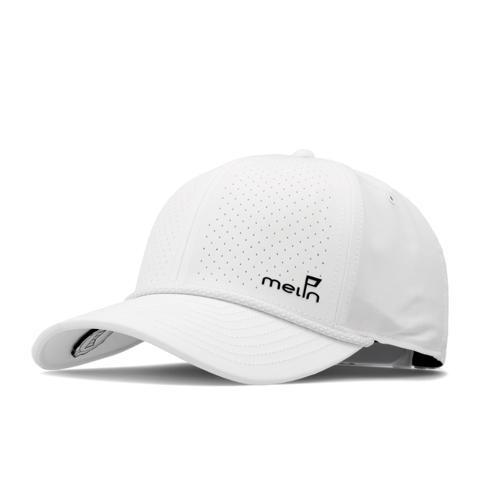 The angled view of the melin Vintage Fit Compass Links Hydro hat in white