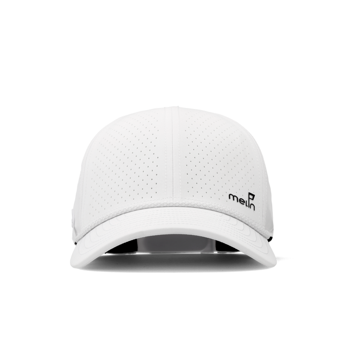 The frontal view of the melin Vintage Fit Compass Links Hydro hat in white