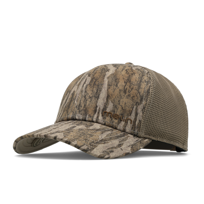 The front, angled view of the melin Vintage Fit Compass Mossy Oak Hydro hat in Bottomland