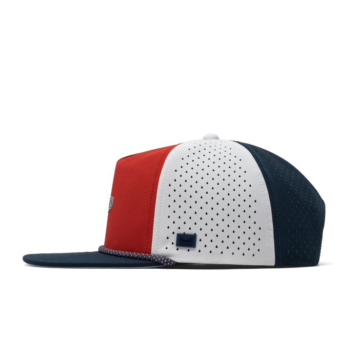 The side view of the melin Coronado Americana Hydro Split Crushed Fit in White / Red / Navy
