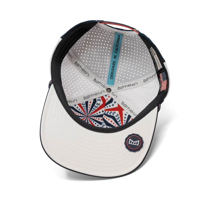 The inside view of the melin Coronado Americana Hydro Split Crushed Fit in White / Red / Navy