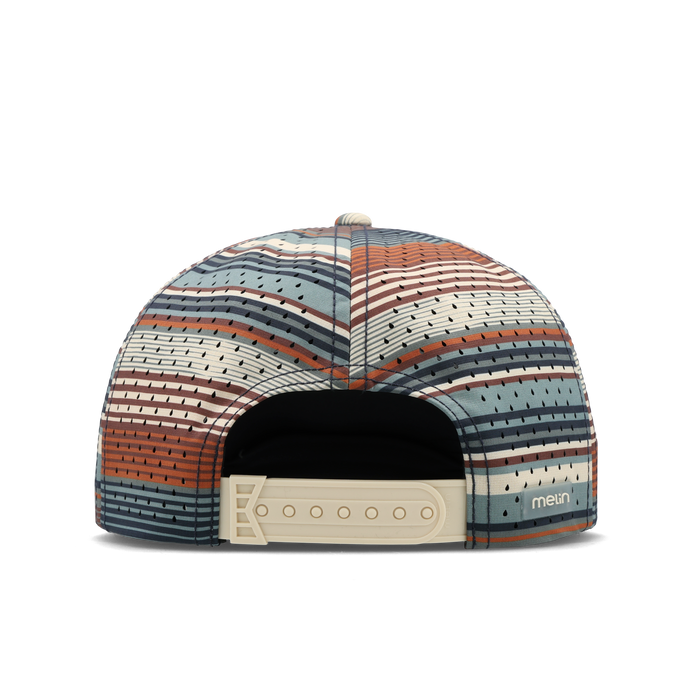 The back view of the melin Split Crushed Fit Coronado Brick Hydro hat in Picante