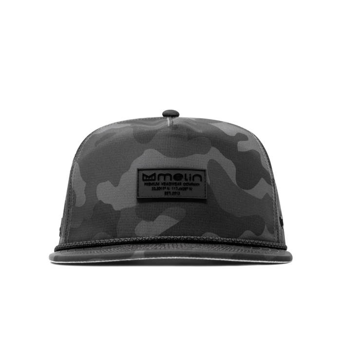 The front view of the melin Coronado Brick Hydro  Split Crushed Fit in  Black Camo