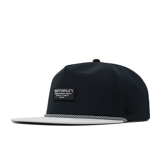 The front, angled view of the melin Split Crushed Fit Coronado Brick Hydro in Black / White