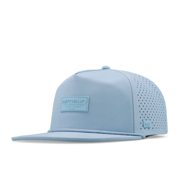 The front, angled view of the melin Coronado Brick Hydro  Split Crushed Fit in  Cashmere Blue