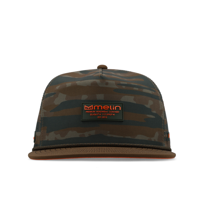 Brown and teal camouflage snapback cap with Melin brand label and mesh back panels.