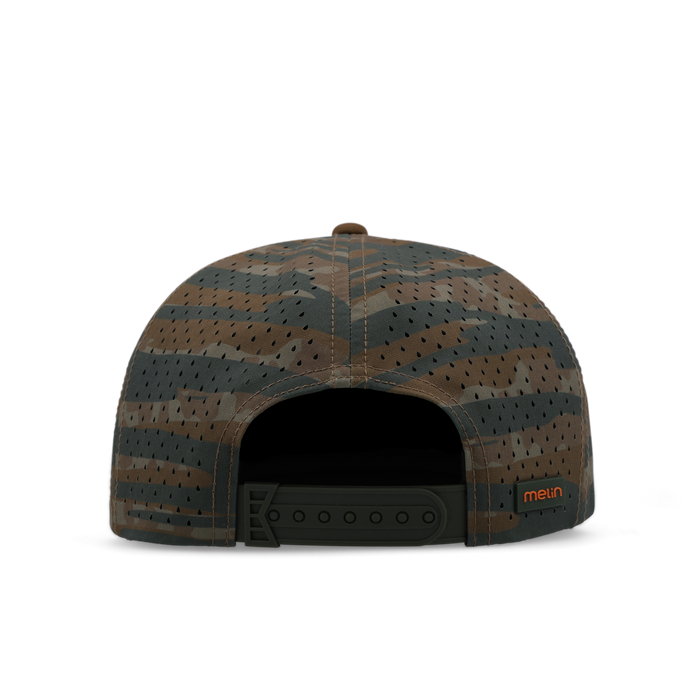 Everglade camo baseball cap with perforated panels, snapback closure, and embroidered branding on back.