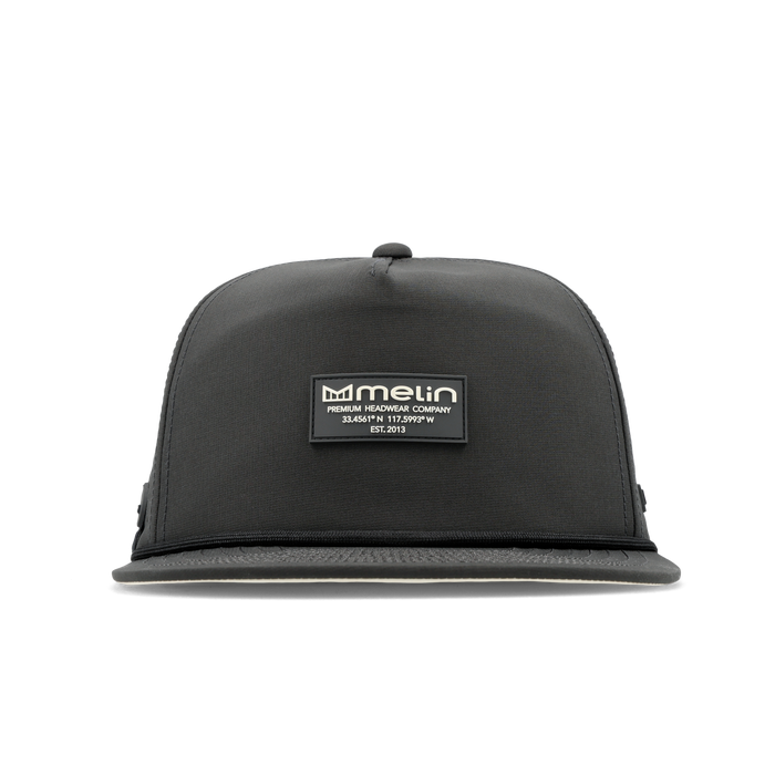 The frontal view of the melin Split Crushed Fit Coronado Brick Hydro hat in faded black
