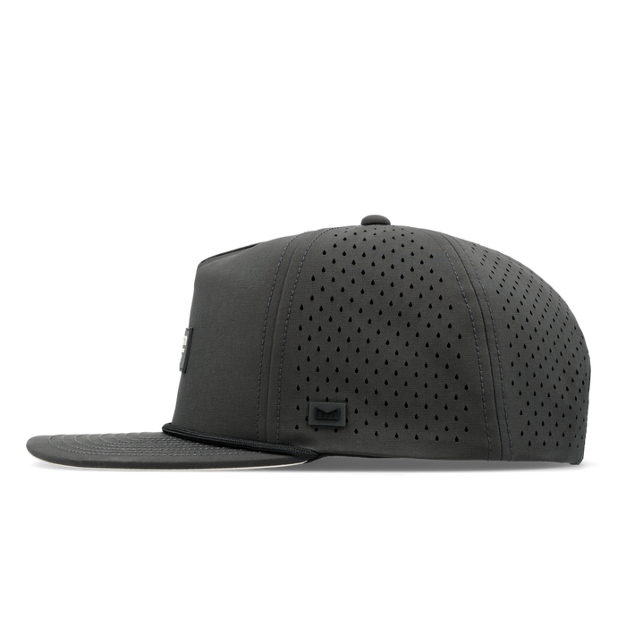 The side view of the melin Split Crushed Fit Coronado Brick Hydro hat in faded black