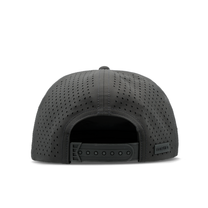 The back view of the melin Split Crushed Fit Coronado Brick Hydro hat in faded black