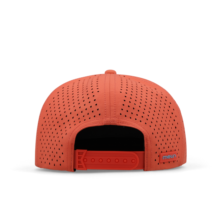 Hot coral baseball cap with perforated ventilation holes and adjustable back strap.