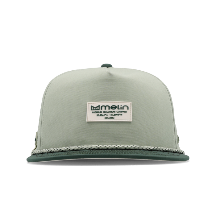 The frontal view of the melin Split Crushed Fit Coronado Brick Hydro hat in misty trails