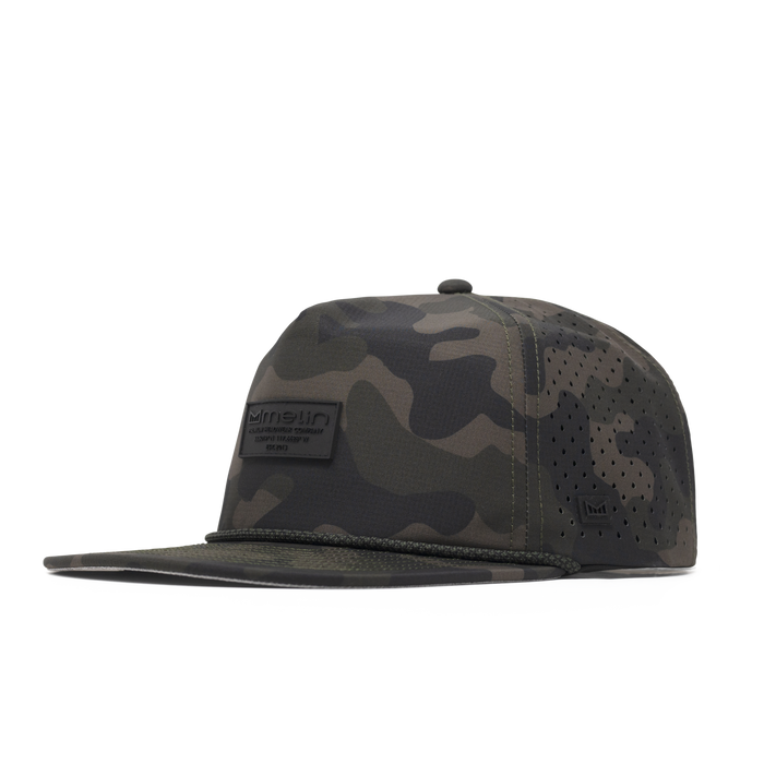 The front, angled view of the melin Coronado Brick Hydro  Split Crushed Fit in  Olive Camo
