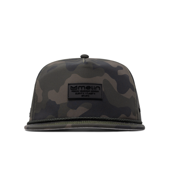 The front view of the melin Coronado Brick Hydro  Split Crushed Fit in  Olive Camo