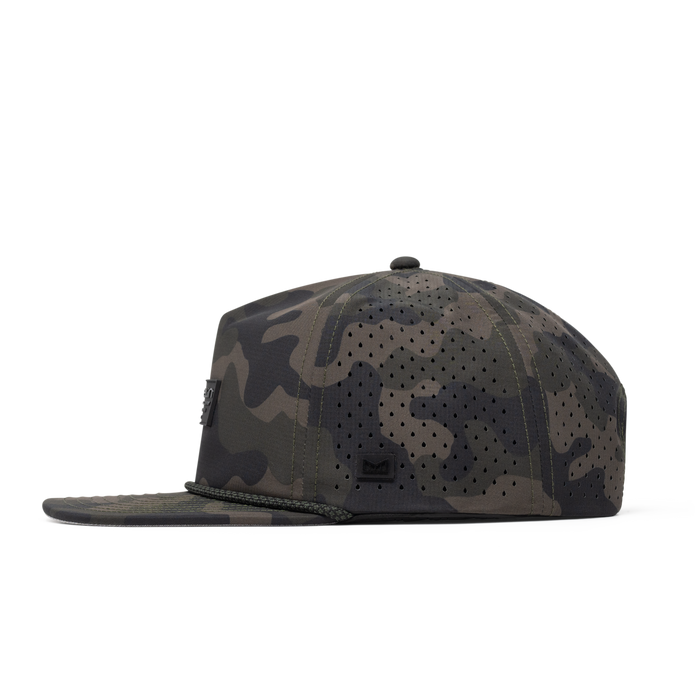 The side view of the melin Coronado Brick Hydro  Split Crushed Fit in  Olive Camo