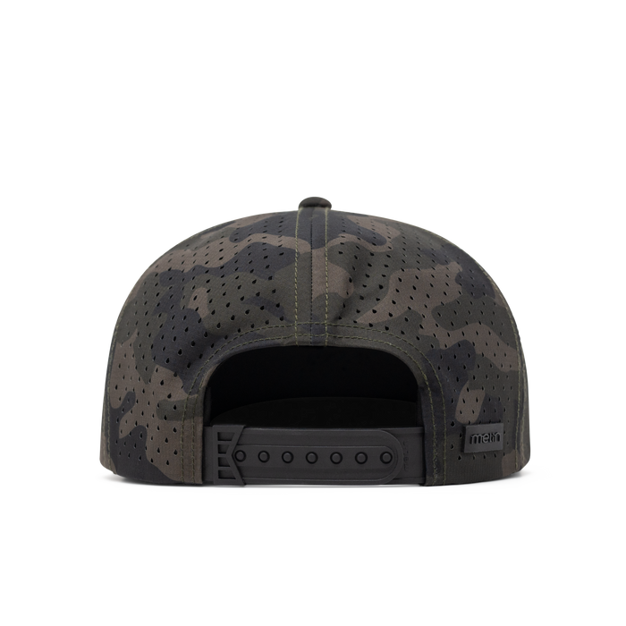 The back view of the melin Coronado Brick Hydro  Split Crushed Fit in  Olive Camo