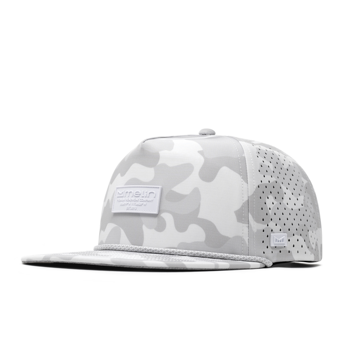 The front, angled view of the melin Coronado Brick Hydro  Split Crushed Fit in  Snow Camo
