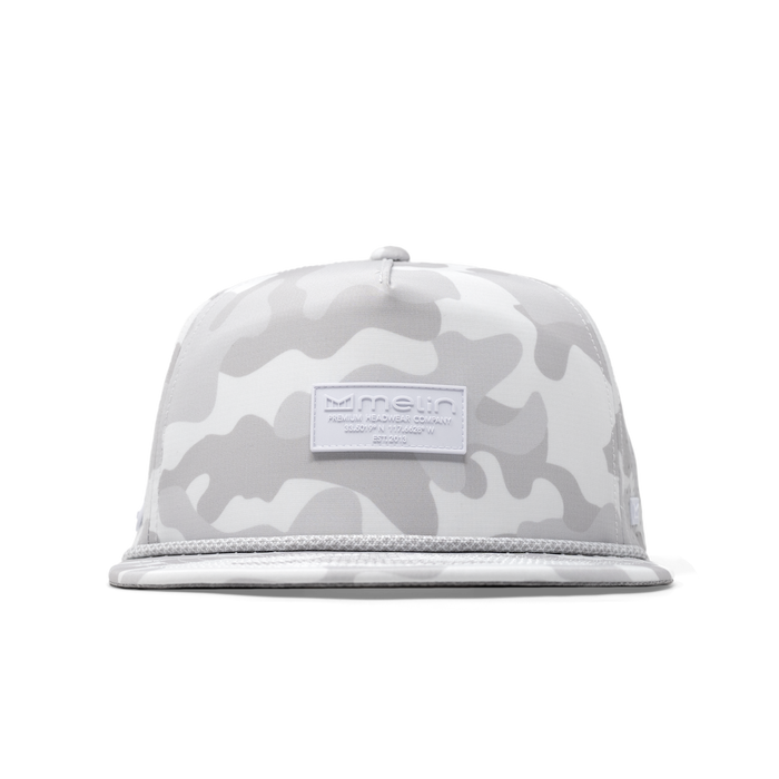 The front view of the melin Coronado Brick Hydro  Split Crushed Fit in  Snow Camo