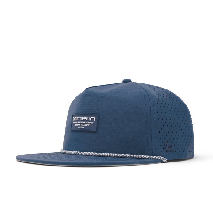 The front, angled view of the melin Coronado Brick Hydro  Split Crushed Fit in  Steel Blue
