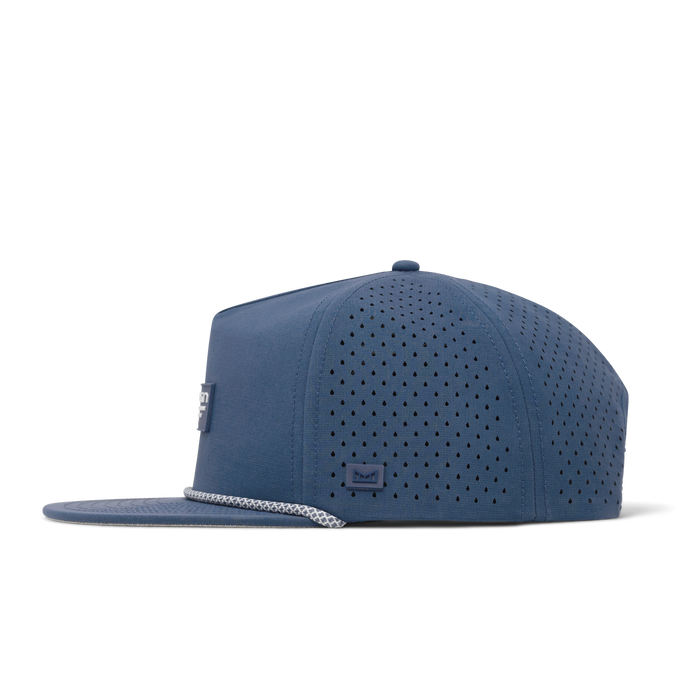 The side view of the melin Coronado Brick Hydro  Split Crushed Fit in  Steel Blue
