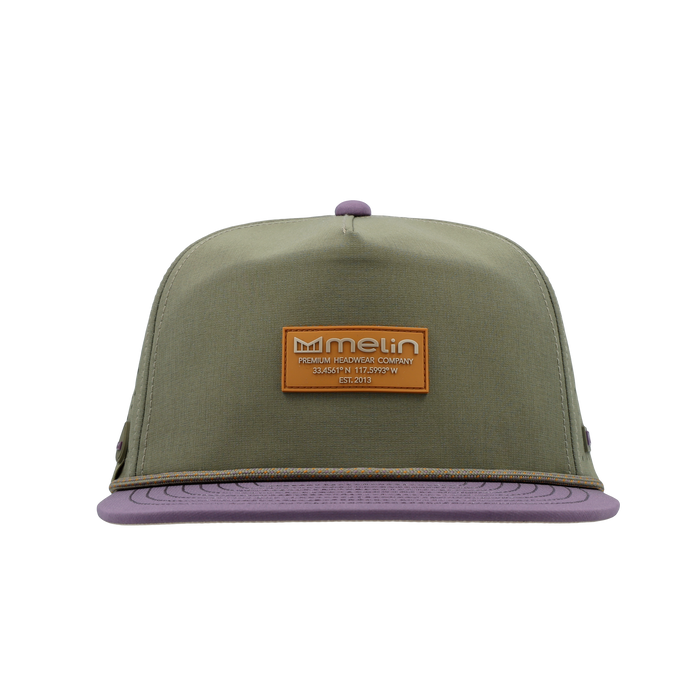 The front view of the melin Split Crushed Fit Coronado Brick Hydro hat in transit