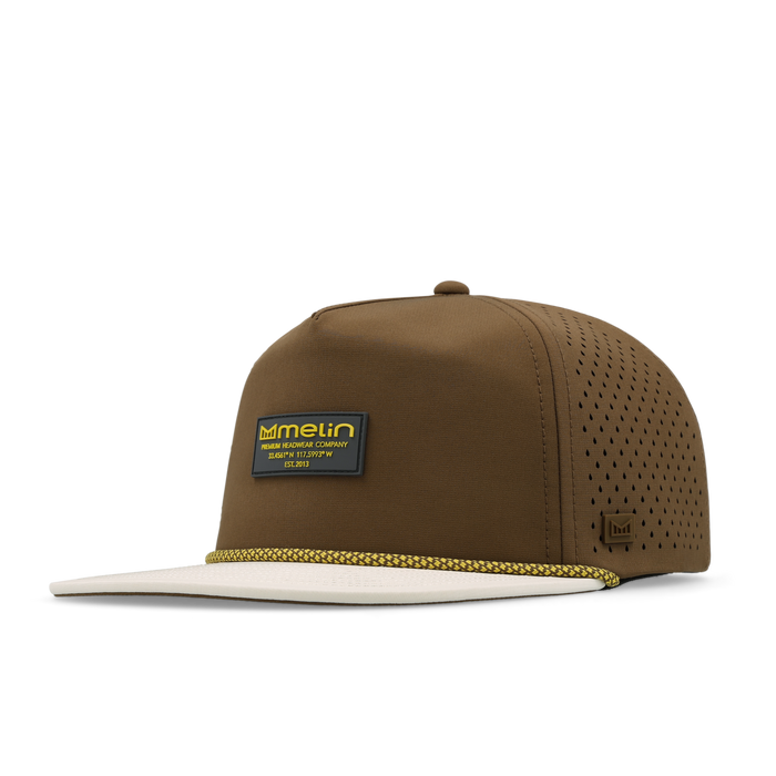 The front, angled view of the melin Coronado Brick Hydro  Split Crushed Fit in  Yellow Jacket