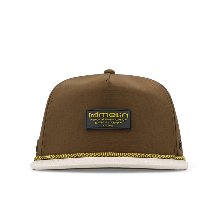 The front view of the melin Coronado Brick Hydro  Split Crushed Fit in  Yellow Jacket