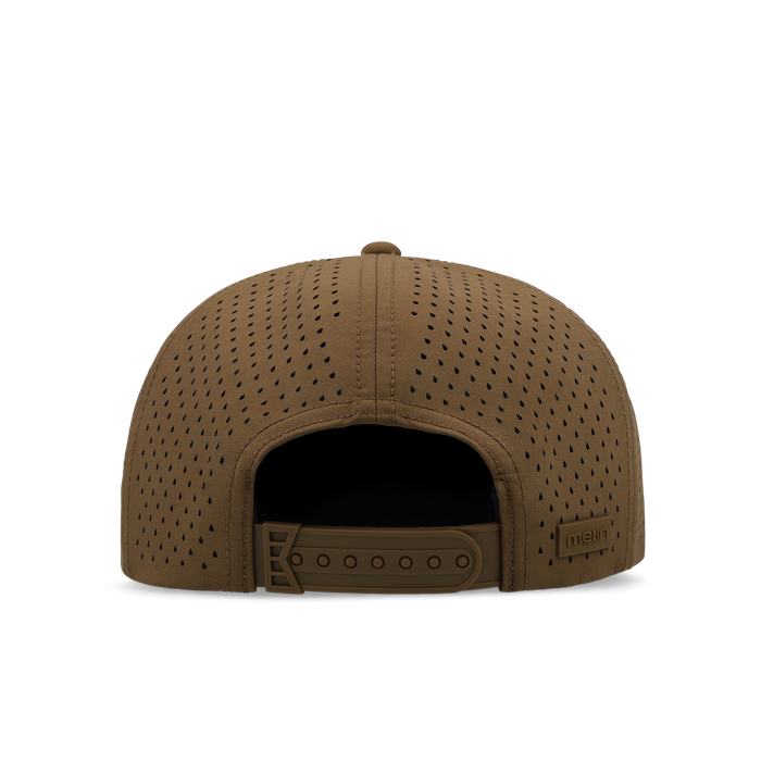 The back view of the melin Coronado Brick Hydro  Split Crushed Fit in  Yellow Jacket
