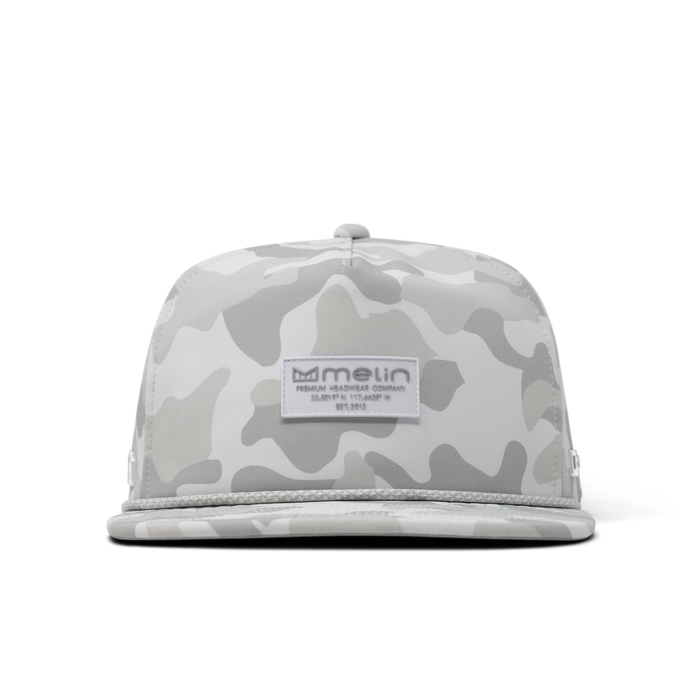 The front view of the melin Coronado Brick Infinite Thermal  Split Crushed Fit in Snow Camo