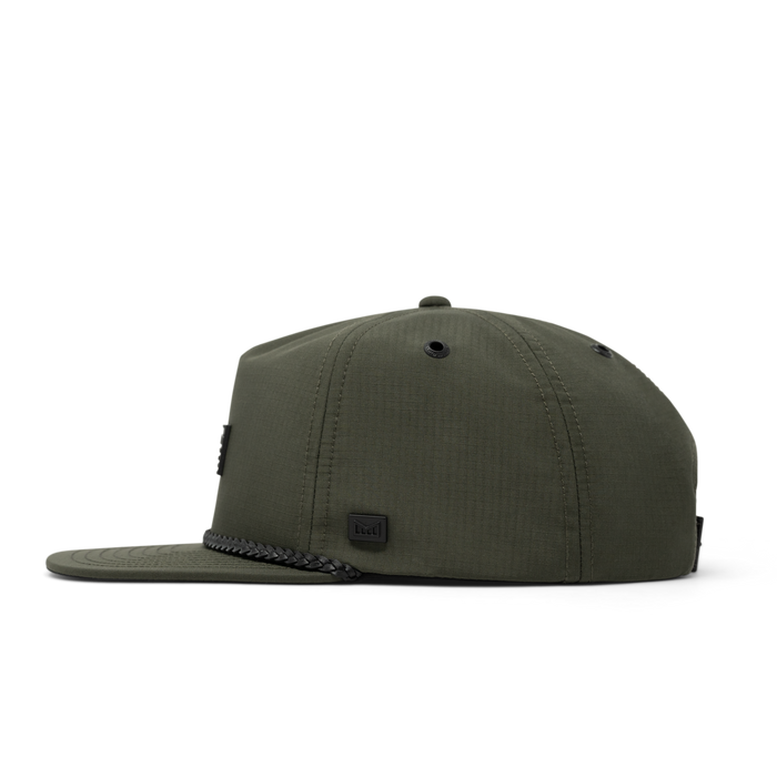 The side view of the melin Coronado Brick Thermal  Split Crushed Fit in Military