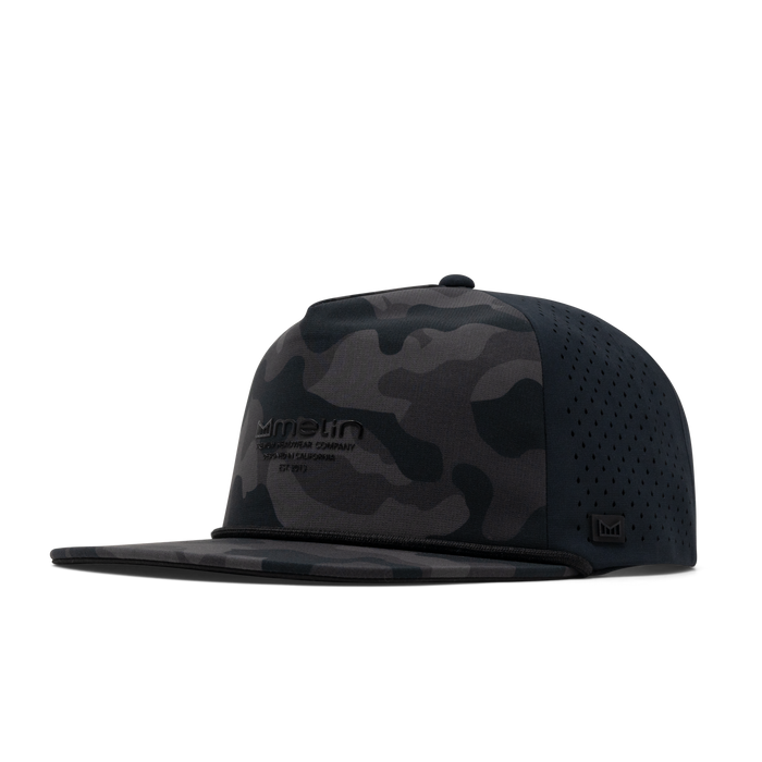 The front, angled view of the melin Coronado Hydrolite  Split Crushed Fit in  Black Camo